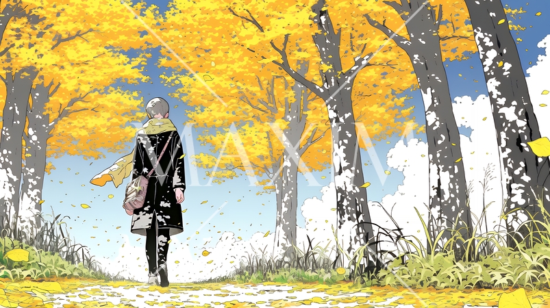 紅葉の小径を歩く若い女性