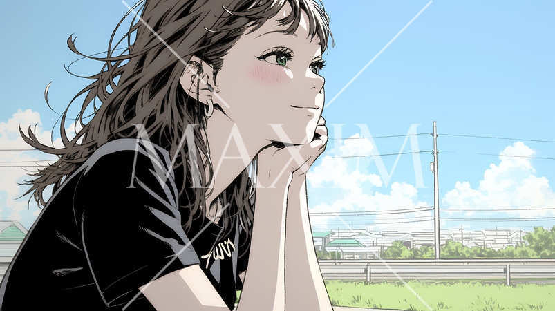 じっと遠くを見つめている若い女性