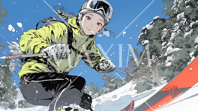 スキーを楽しんでいる若い女性