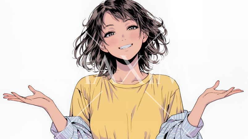 両手を広げて歓迎・驚きの仕草をしている若い女性