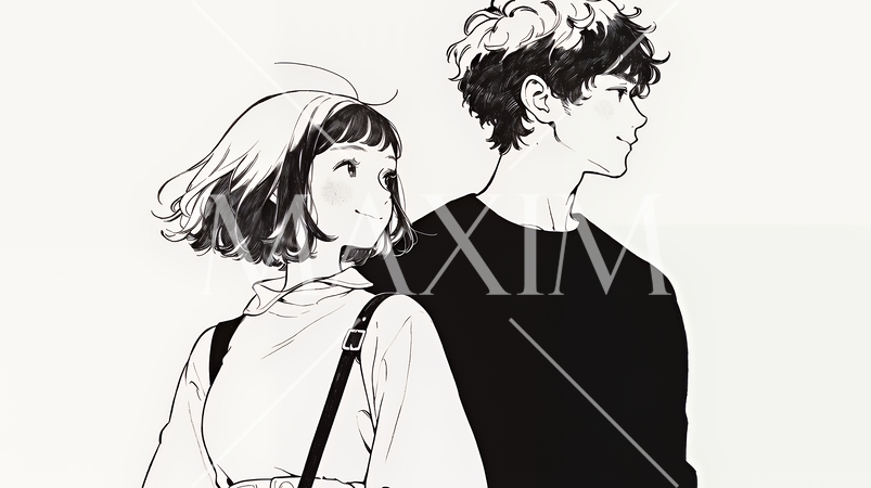 希望に満ちたライフスタイルを過ごす若いカップル：未来を見つめている（シンプルな色使い）