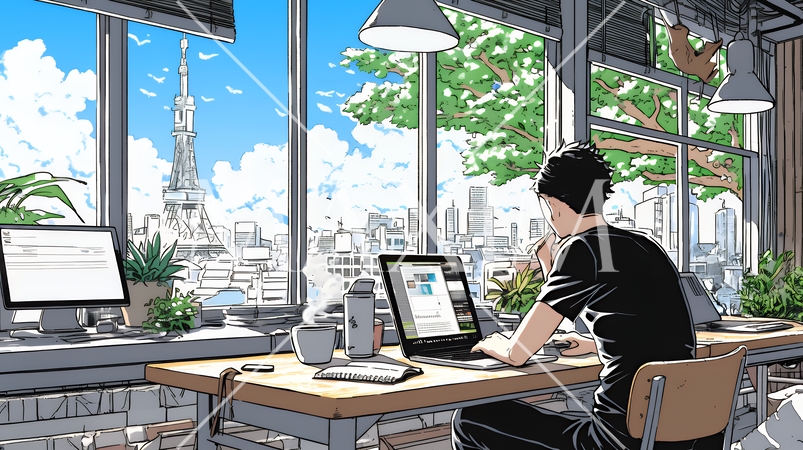 カフェでフリーランスや学生が仕事や勉強をしている