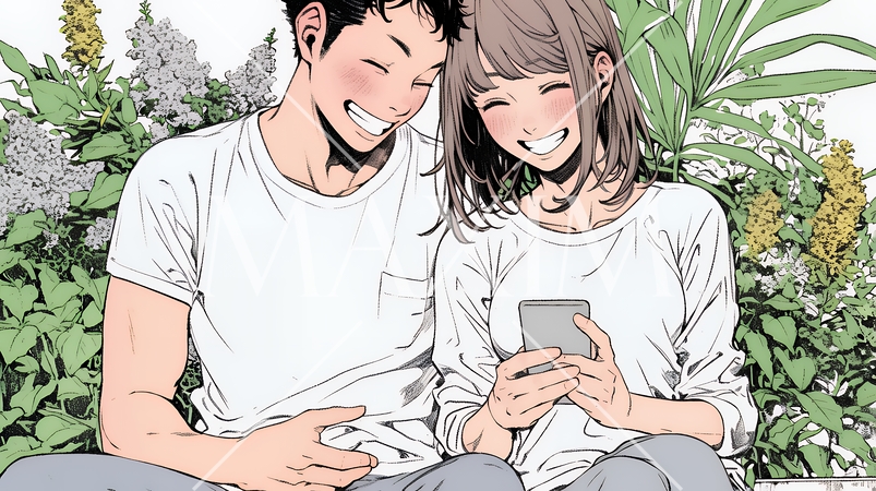 幸せそうに一緒にスマホを見る若いカップル