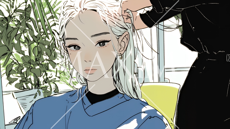 ヘアカットをしている若い女性