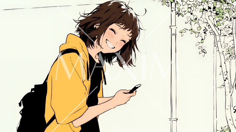 嬉しそうな表情でスマホを使っている女性（シンプルな色使い）