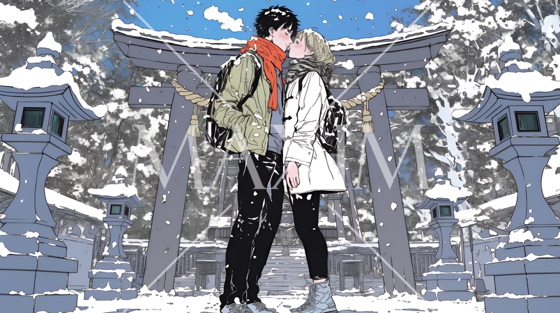 初詣をしている若い恋人カップル