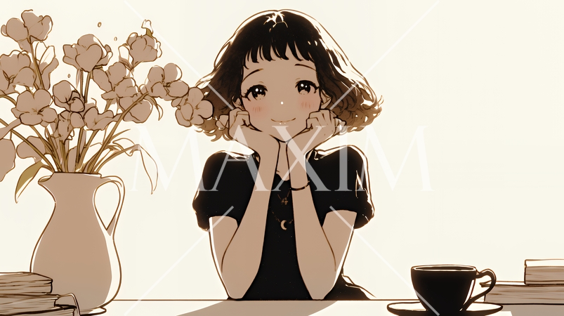 リビングで紅茶を飲んでいる女性（シンプルな色使い）