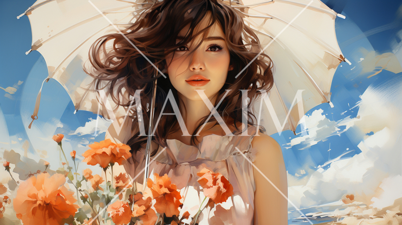 日傘を差す女性：晴天の日にヒナゲシの花の前で