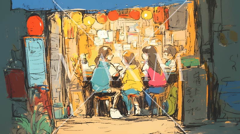 昭和の匂いがする昔ながらの飲み屋（クレヨンと水彩画風）