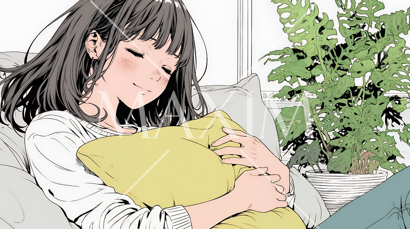 ソファでクッションを抱えてくつろぐ若い女性