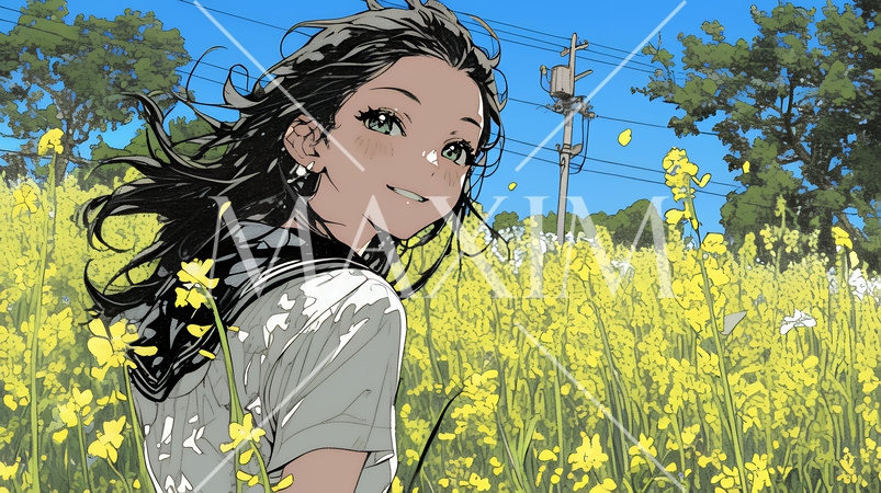 菜の花畑にいる若い女性