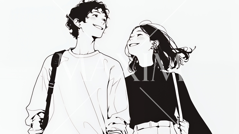 希望に満ちたライフスタイルを過ごす若いカップル：未来を見つめている（シンプルな色使い）