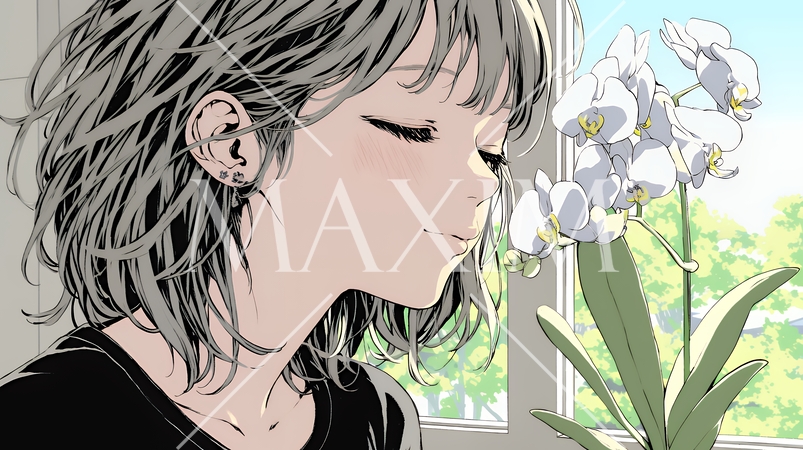 蘭の花と若い女性