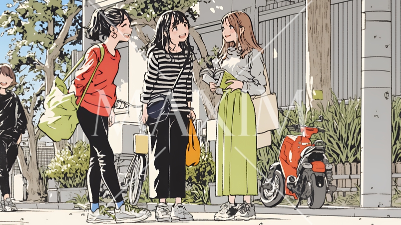 道端で会話を楽しむ若い主婦たち（ママ友たち）