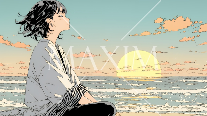 のんびり・ゆったり：夏のビーチで夕日を眺める若い女性