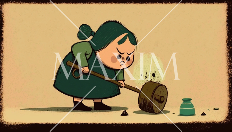 よこ槌で庭を掃く：「よこ槌って何？」大辞林の説明を読んで想像で描きました