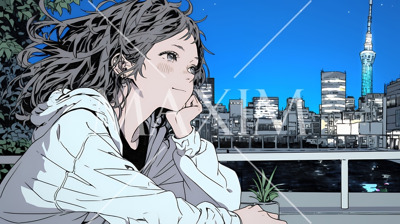 ベランダで夜風に当たりながら都会のランドスケープを眺め休む若い女性