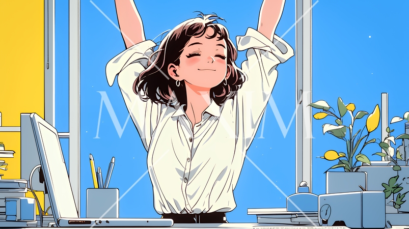 仕事の合間にストレッチ（伸び）をする女性