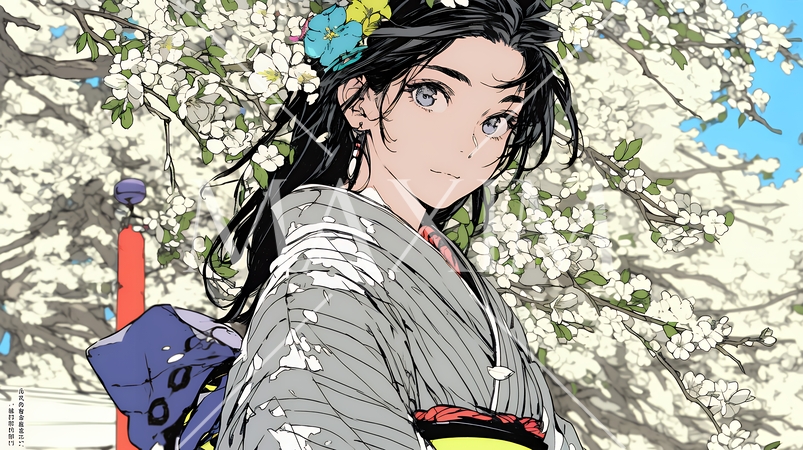 満開の梅の花と和服姿の若い女性