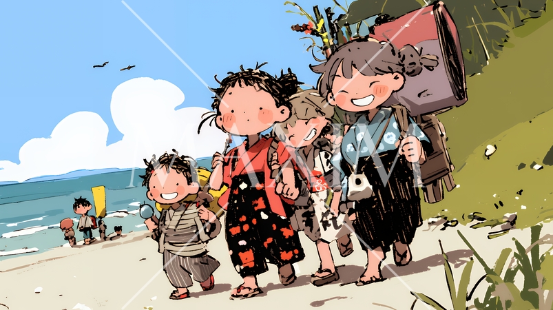 小学生の夏の思い出：昔風の出で立ちでコスプレ（クレヨン＋水彩画風）