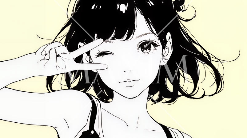 アイドルのように顔の横でピース＋ウィンクしている若い女性（シンプルな色使い）