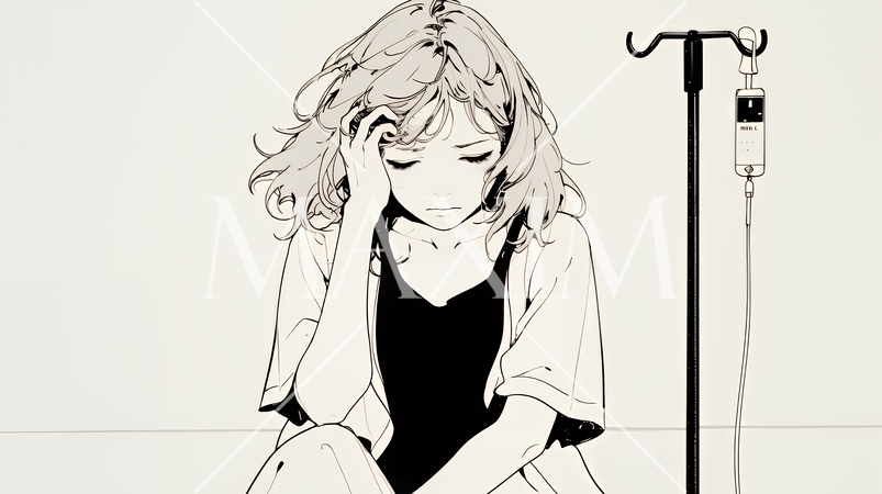 病院のベッドに腰掛けて気落ちしている女性（シンプルな色使い）