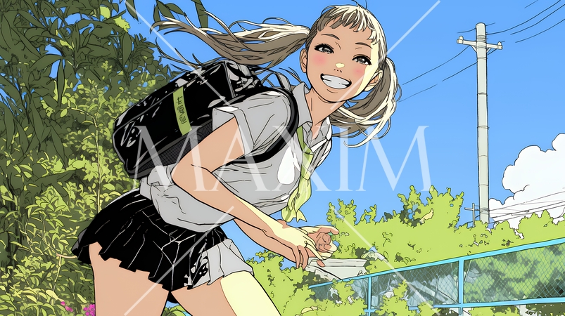 学校に遅れそうで道を急いでいる女子高生