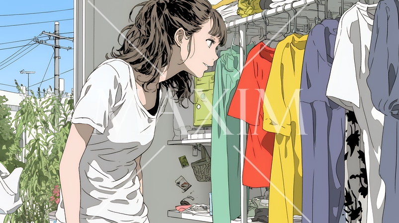 着ていく服をクローゼットから選ぶ若い女性