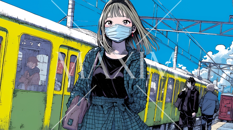 使い捨て不織布マスクをつけた若い女性