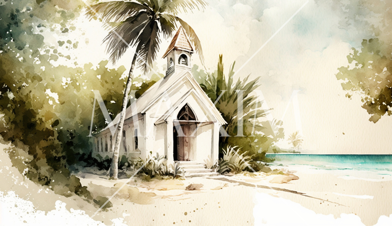 海辺に建つ教会（チャペル）の水彩画