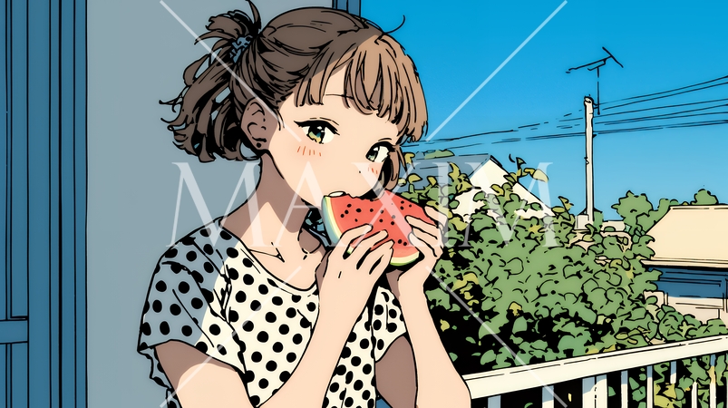 スイカを縁側で食べている若い女性