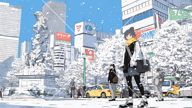 雪の積もる冬の都会を散策している若い女性