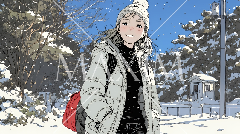 雪の積もる田舎道を歩いている若い女性