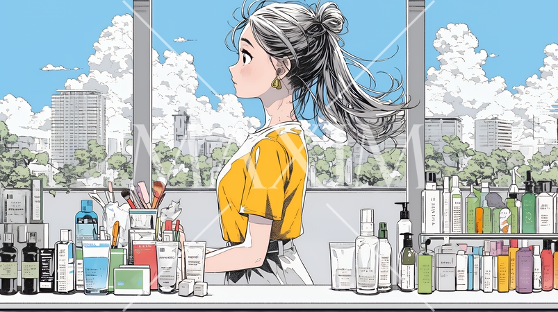 ドラッグストアでコスメを選ぶ若い女性