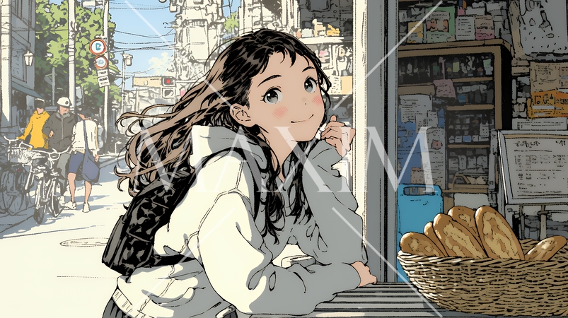 近所のパン屋で焼きたてパンを買う若い女性