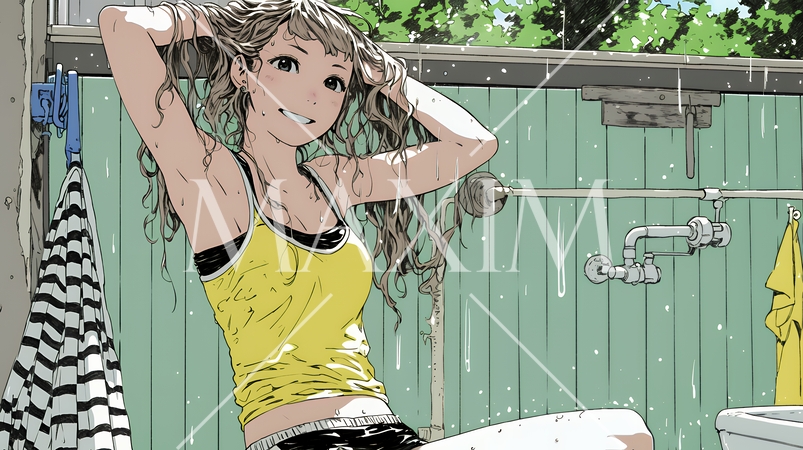 ヘアーシャワーの後の濡れ髪の若い女性