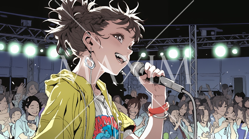 ステージでマイクを握り、情熱的に歌い上げる女性