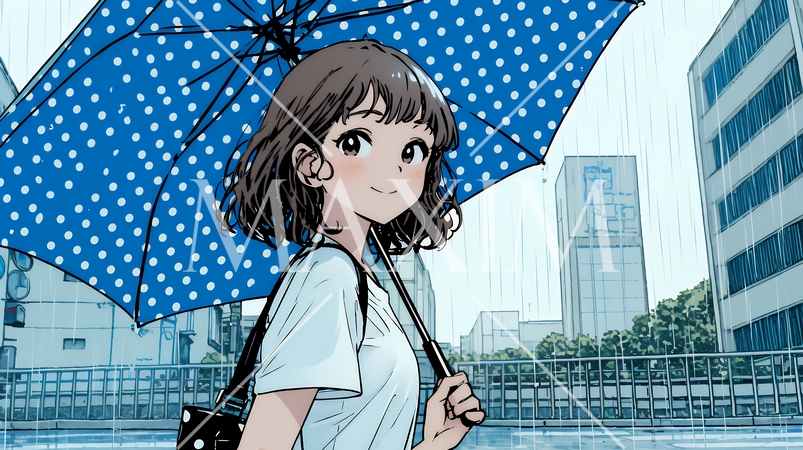 雨の日に傘をさして歩く若い女性