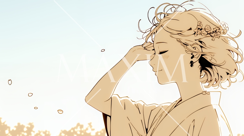 満開の桜の下、春風に乱れた髪を整える若い女性（シンプルな色使い）