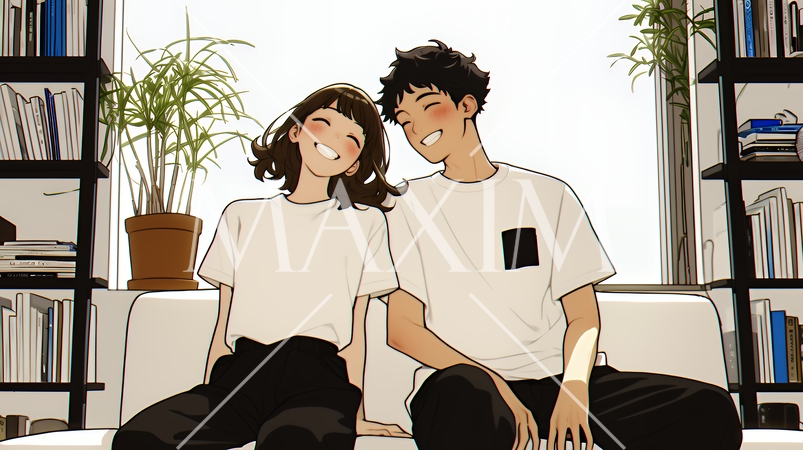 幸せそうなカップル：リビングルームて談笑（シンプルな色使い）