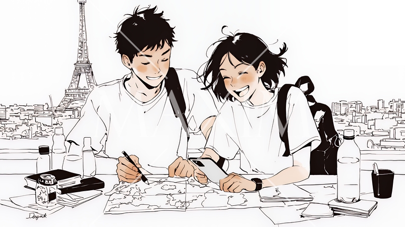 仲良く二人で旅行の計画を立てている若いカップル（シンプルな色使い）