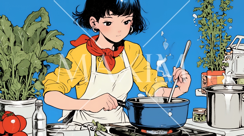 なれない料理に奮闘中の若い女性