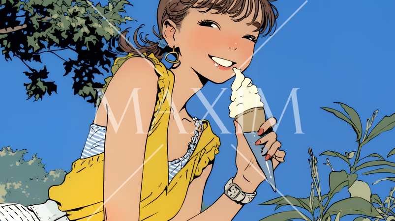 夏空の下でソフトクリーム（コーンに乗ったアイスクリーム）をたべる若い女性