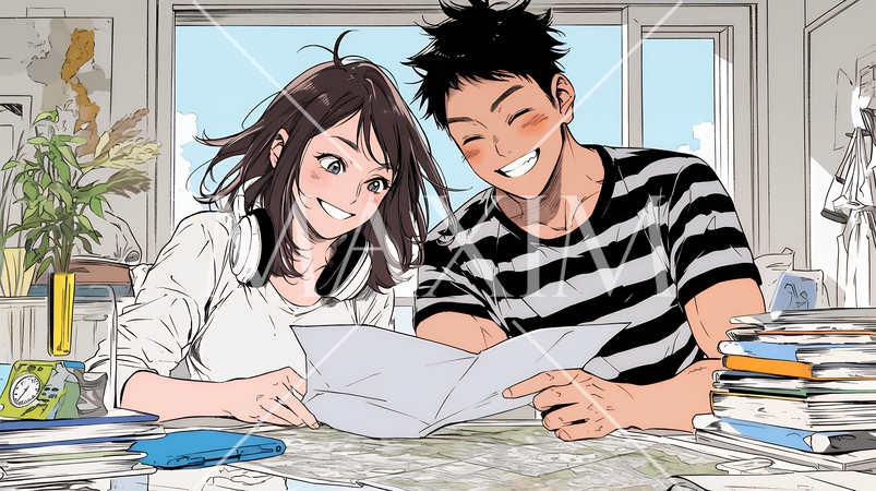 仲良く二人で旅行の計画を立てている若いカップル