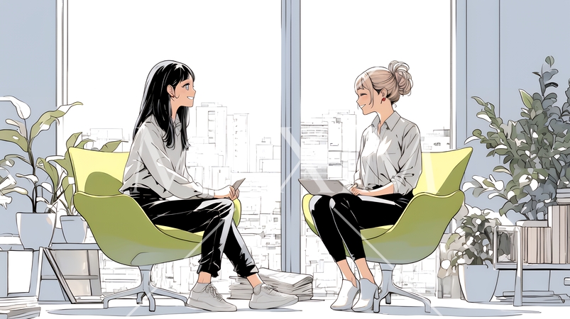 二人でミーティング（面談・インタビュー・会議）の場面