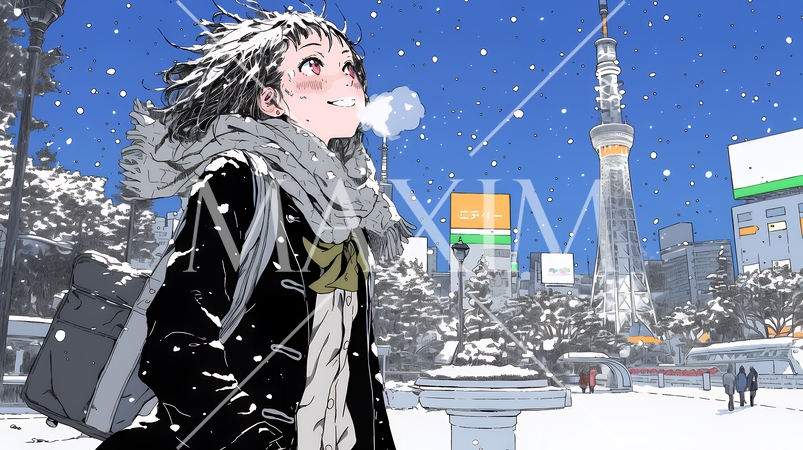 雪の積もる冬の都会を散策している若生女性