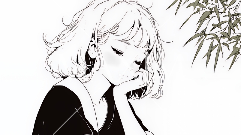 ため息をつく若い女性（シンプルな色使い）