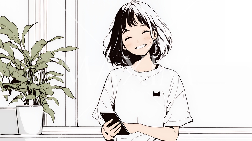 嬉しそうな表情でスマホを使っている女性（シンプルな色使い）