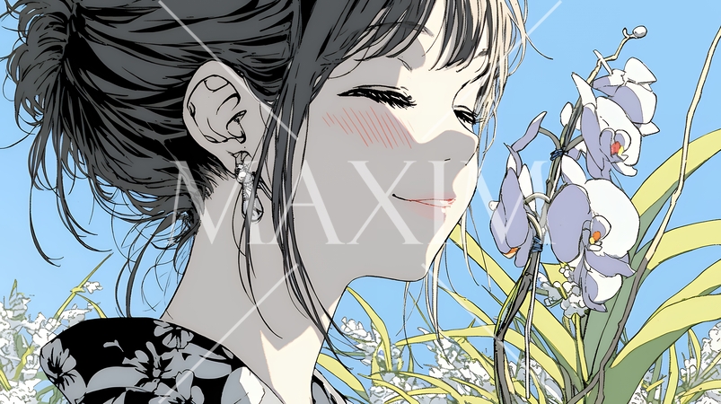 蘭の花と若い女性