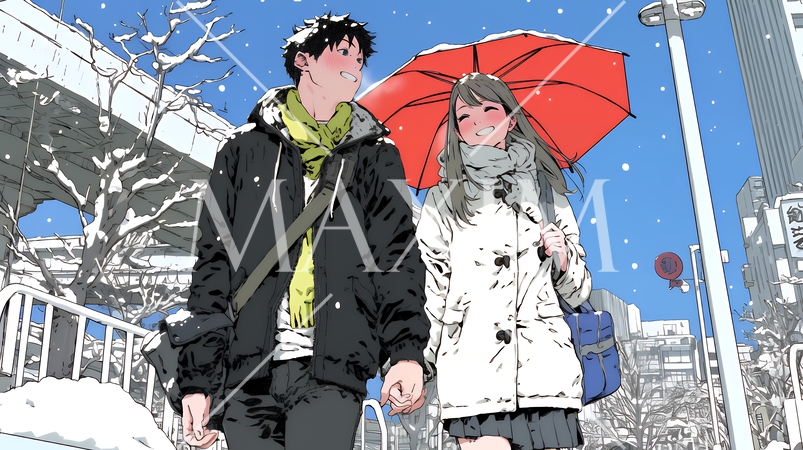 冬枯れ街をデートしている若い恋人たち